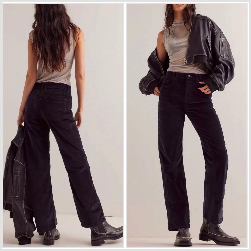 We The Free People Size 24 Risk Taker High Rise Straight Cord‎ Pants Black Boho